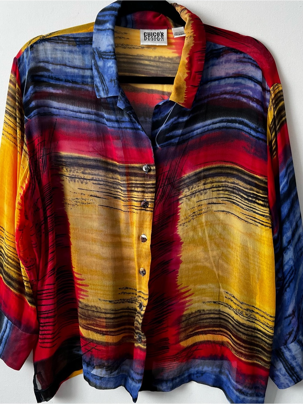 Chico's Silk Multicolor Striped Button-Down Shirt - Yellow, Red, Blue